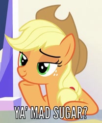 Size: 435x523 | Tagged: safe, edit, edited screencap, imported from derpibooru, screencap, applejack, pony, sparkle's seven, applejack's hat, bedroom eyes, caption, cowboy hat, cropped, female, hat, hoof on chin, image macro, meme, solo, text