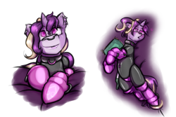 Size: 3000x2000 | Tagged: safe, artist:krd, imported from derpibooru, oc, oc only, oc:adelaide, pony, unicorn, belly button, boots, collar, cuffs, ear piercing, female, latex, latex suit, lying down, mare, nose piercing, nose ring, piercing, quadruped, quadrupedal, rubber, shoes, skinsuit, smiling, solo