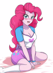 Size: 2480x3425 | Tagged: safe, artist:sumin6301, imported from derpibooru, pinkie pie, equestria girls, blushing, breasts, busty pinkie pie, cleavage, clothes, cute, diapinkes, female, looking at you, missing shoes, open mouth, reasonably sized breasts, sitting, socks, solo