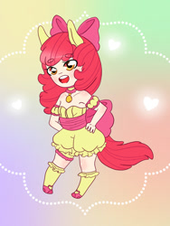 Size: 1024x1365 | Tagged: safe, artist:lemon-lark, imported from derpibooru, apple bloom, human, adorabloom, bare shoulders, beanbrows, bloomers, bow, clothes, cute, eared humanization, eyebrows, eyebrows visible through hair, female, hair bow, hand on hip, hands on hip, heart, humanized, magical girl, open mouth, socks, solo, tailed humanization, tokyo mew mew