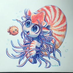 Size: 2048x2040 | Tagged: safe, artist:dawnfire, imported from derpibooru, oc, oc only, oc:nautila, fish, nautilus, nautilus pony, original species, pony, sea pony, blowfish, commission, female, mare, tentacles, traditional art, underwater
