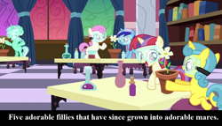 Size: 1134x648 | Tagged: safe, edit, edited screencap, imported from derpibooru, screencap, lemon hearts, lyra heartstrings, minuette, moondancer, twinkleshine, pony, unicorn, celestial advice, adorableshine, book, canterlot five, captain obvious, caption, cropped, cute, dancerbetes, female, filly, filly lemon hearts, filly lyra, filly minuette, filly moondancer, filly twinkleshine, flower, goggles, lab, lemonbetes, lyrabetes, minubetes, princess celestia's school for gifted unicorns, text, younger