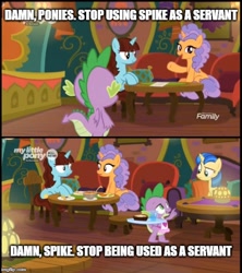 Size: 500x562 | Tagged: safe, edit, edited screencap, imported from derpibooru, screencap, mystic moonlight, pretzel twist, say cheese, spike, dragon, pony, unicorn, the point of no return, apron, clothes, discovery family logo, eye contact, female, food, looking at each other, mare, meme, naked apron, open mouth, pretzel, quill, the tasty treat, winged spike, wings