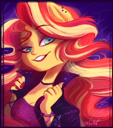 Size: 1185x1340 | Tagged: safe, artist:siliciaart, imported from derpibooru, sunset shimmer, human, equestria girls, breasts, bust, choker, cleavage, clothes, ear fluff, ear piercing, eared humanization, female, humanized, jacket, leather jacket, looking at you, nail polish, piercing, ponied up, pony ears, portrait, solo