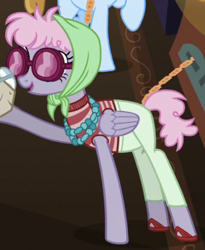 Size: 380x464 | Tagged: safe, imported from derpibooru, screencap, pacifica, pegasus, pony, viva las pegasus, background pony, clothes, cropped, female, headscarf, mare, pants, raised hoof, scarf, solo focus, sunglasses
