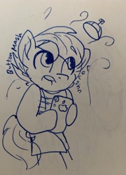 Size: 2168x3005 | Tagged: safe, artist:rainbow eevee, imported from derpibooru, button mash, pony, clothes, evan, hat, iphone, iphone xr, lineart, looking up, male, phone, shocked, solo, tanktop, wat, windy