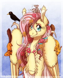 Size: 1600x1977 | Tagged: safe, artist:inuhoshi-to-darkpen, imported from derpibooru, fluttershy, bird, mouse, pegasus, pony, squirrel, animal, blackbird, cheek fluff, clothes, cute, cute little fangs, ear fluff, fangs, feathered fetlocks, female, flower, flower in hair, fluttershy day, looking at you, mare, raised hoof, shyabetes, sitting on wing, solo, stray strand, unshorn fetlocks, wing claws, wings