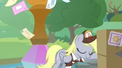 Size: 1920x1080 | Tagged: safe, imported from derpibooru, screencap, derpy hooves, pegasus, pony, the point of no return, box, clothes, eyes closed, female, hat, letter, mail, mailmare hat, mare, package, shirt, solo