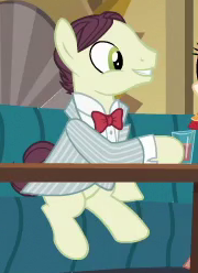 Size: 180x248 | Tagged: safe, imported from derpibooru, screencap, earth pony, pony, dungeons and discords, season 6, background pony, bowtie, clothes, cropped, cuffs (clothes), male, pinstripes, sitting, solo, stallion, suit, unnamed character, unnamed pony