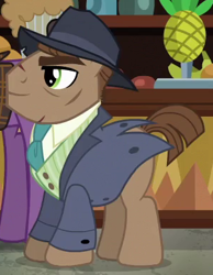 Size: 300x387 | Tagged: safe, imported from derpibooru, screencap, earth pony, pony, dungeons and discords, season 6, background pony, burly, clothes, cropped, fedora, hat, male, necktie, pinstripes, scar, solo focus, stallion, suit, tailcoat, unnamed character, unnamed pony, vest