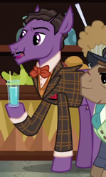 Size: 275x460 | Tagged: safe, imported from derpibooru, screencap, earth pony, pony, dungeons and discords, season 6, background pony, bowtie, clothes, cropped, drinking glass, facial hair, hoof hold, jacket, lanky, male, moustache, pencil moustache, plaid, pocket square, solo focus, stallion, unnamed character, unnamed pony, vest