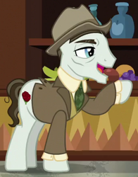 Size: 340x434 | Tagged: safe, imported from derpibooru, screencap, earth pony, pony, dungeons and discords, season 6, background pony, clothes, cropped, cuffs (clothes), elderly, fedora, hat, male, necktie, open mouth, raised hoof, solo, stallion, suit, unnamed character, unnamed pony, vest