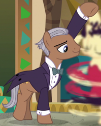 Size: 636x800 | Tagged: safe, imported from derpibooru, screencap, betty hoof, earth pony, pony, dungeons and discords, season 6, background pony, bowtie, clothes, cropped, raised hoof, solo focus, suit, tailcoat, tuxedo, unnamed character, unnamed pony