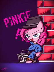 Size: 768x1024 | Tagged: safe, artist:therandomjoyrider, imported from derpibooru, pinkie pie, pony, testing testing 1-2-3, brick wall, clothes, cute, diapinkes, female, hat, lidded eyes, open mouth, radio, rapper pie, signature, simple background, solo, watch