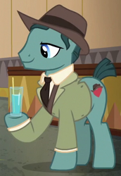 Size: 305x444 | Tagged: safe, imported from derpibooru, screencap, earth pony, pony, dungeons and discords, background pony, clothes, cropped, drinking glass, hat, hoof hold, male, solo, stallion, suit, unnamed character, unnamed pony