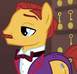 Size: 1120x1080 | Tagged: safe, imported from derpibooru, screencap, earth pony, pony, stranger than fan fiction, background pony, clothes, concierge, cropped, facial hair, gustave h, male, moustache, solo, stallion, suit, unnamed pony