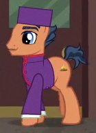 Size: 140x193 | Tagged: safe, imported from derpibooru, screencap, earth pony, pony, stranger than fan fiction, background pony, bellhop, clothes, cropped, hat, male, solo, stallion, uniform, unnamed character, unnamed pony