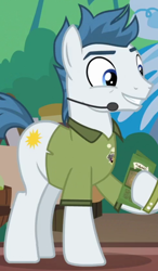 Size: 484x830 | Tagged: safe, imported from derpibooru, screencap, earth pony, pony, stranger than fan fiction, background pony, clothes, cropped, dexterous hooves, hoof hold, male, salespony, shirt, solo, stallion, unnamed character, unnamed pony