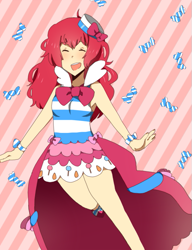 Size: 503x655 | Tagged: safe, artist:tsumamori, imported from derpibooru, pinkie pie, human, bow, candy, clothes, cute, diapinkes, dress, eyes closed, female, food, gala dress, hat, humanized, open mouth, solo