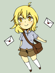 Size: 300x400 | Tagged: safe, artist:tsumamori, imported from derpibooru, derpy hooves, human, chibi, cute, derpabetes, envelope, female, full body, gray background, humanized, letter, satchel, simple background, solo