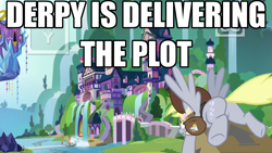 Size: 1024x576 | Tagged: safe, edit, edited screencap, imported from derpibooru, screencap, derpy hooves, pegasus, pony, the point of no return, arrow, box, bubble butt, butt, caption, female, image macro, joke, mailmare, meme, plot, pun, school of friendship, solo, text, this side up, waterfall