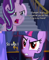 Size: 541x652 | Tagged: safe, edit, edited screencap, imported from derpibooru, screencap, starlight glimmer, trixie, twilight sparkle, pony, feeling pinkie keen, no second prances, avengers, captain america: civil war, civil war, red eyes