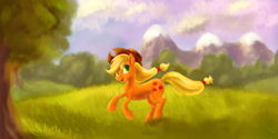 Size: 2732x1370 | Tagged: safe, artist:arurein, imported from derpibooru, applejack, earth pony, pony, cute, female, grass, jackabetes, looking back, mare, meadow, open mouth, running, solo