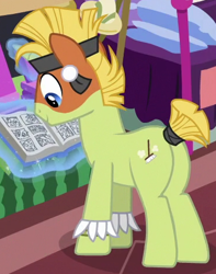 Size: 369x469 | Tagged: safe, imported from derpibooru, screencap, earth pony, pony, stranger than fan fiction, background pony, butt, clothes, cosplay, costume, cropped, face paint, male, plot, short tail, solo, stallion, tail wrap, tribal pony, unnamed character, unnamed pony