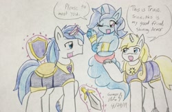 Size: 2352x1536 | Tagged: safe, artist:gmangamer25, imported from derpibooru, prince blueblood, shining armor, trixie, genie, pony, bluetrix, female, male, shipping, straight, traditional art