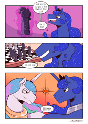 Size: 2480x3508 | Tagged: safe, artist:raph13th, imported from derpibooru, princess celestia, princess luna, alicorn, pony, comic:glim glam and pals, chess, comic, dialogue, duo, eye contact, female, levitation, looking at each other, magic, mare, telekinesis