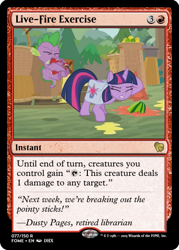 Size: 375x523 | Tagged: safe, edit, edited screencap, imported from derpibooru, screencap, spike, twilight sparkle, alicorn, dragon, pony, the point of no return, ccg, female, food, magic the gathering, male, mare, saddle bag, trading card, trading card edit, twilight sparkle (alicorn), watermelon