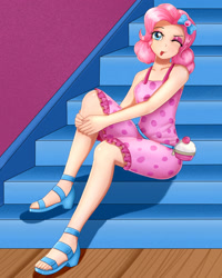 Size: 1600x2000 | Tagged: safe, alternate version, artist:focusb, imported from derpibooru, pinkie pie, human, equestria girls, equestria girls series, spring breakdown, spoiler:eqg series (season 2), :p, anime, clothes, cute, diapinkes, dress, feet, female, full body, humanized, looking at you, one eye closed, pixiv, sandals, smiling, solo, tongue out, wink