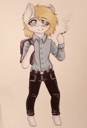 Size: 2479x3641 | Tagged: safe, artist:uglypartyhat, imported from derpibooru, oc, oc only, oc:connor, earth pony, semi-anthro, backpack, cigarette, clothes, pants, photo, shirt, smoking, traditional art