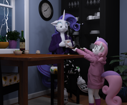 Size: 2400x2000 | Tagged: safe, artist:tahublade7, imported from derpibooru, rarity, sweetie belle, anthro, plantigrade anthro, unicorn, 3d, alcohol, clock, clothes, cooking, daz studio, duo, female, filly, food, lightning, mare, siblings, sisters, slippers, sweater, sweetie belle can't cook, sweetie fail, wine