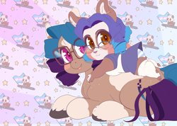 Size: 4000x2850 | Tagged: safe, artist:amaraburrger, imported from derpibooru, oc, oc only, oc:amara phisher, oc:sandy sketch, earth pony, hybrid, pony, unicorn, abstract background, chibi, curls, cute, duo, freckles, glasses, ponysona, prone, ringlets, unshorn fetlocks