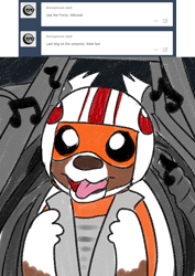 Size: 800x1133 | Tagged: safe, artist:askwinonadog, imported from derpibooru, winona, dog, ask winona, ask, cockpit, female, helmet, music notes, solo, star wars, tongue out, tumblr, x-wing