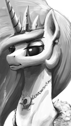 Size: 1080x1920 | Tagged: safe, artist:xxkrutoy, imported from derpibooru, princess celestia, alicorn, pony, bust, female, grayscale, jewelry, majestic, mare, monochrome, portrait, regalia, solo