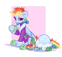 Size: 2105x1962 | Tagged: safe, artist:graypillow, imported from derpibooru, rainbow dash, tank, pegasus, pony, tortoise, bathrobe, clothes, coffee mug, cute, dashabetes, female, hoof hold, male, mare, mug, robe, simple background, transparent background