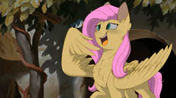 Size: 2500x1400 | Tagged: safe, artist:glitterstar2000, imported from derpibooru, fluttershy, bird, pegasus, pony, animal, chest fluff, disney style, female, large wings, looking at each other, looking at something, mare, open mouth, outdoors, pets, realistic wings, reference, sitting on wing, smiling, snow white, solo, style emulation, wing hands, wings