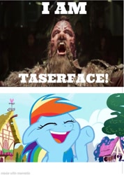 Size: 713x1000 | Tagged: safe, deleted from derpibooru, imported from derpibooru, rainbow dash, pony, derpypasta, guardians of the galaxy, laughing, taserface