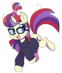 Size: 2894x3414 | Tagged: safe, artist:norithecat, imported from derpibooru, moondancer, pony, unicorn, accessories, accessory, clothes, dancerbetes, digital, eyelashes, female, glasses, hair tie, hairtie, happy, horn, messy hair, messy mane, running, simple background, smiling, solo, sweater, turtleneck, white background