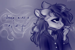 Size: 1280x854 | Tagged: safe, artist:uglypartyhat, imported from derpibooru, oc, oc only, oc:connie, anthro, earth pony, bowtie, cigarette, clothes, female, hand, mare, photo, shirt, smoking, suit, text, traditional art