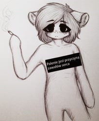 Size: 2205x2698 | Tagged: safe, artist:uglypartyhat, imported from derpibooru, oc, oc only, oc:connor, earth pony, semi-anthro, bipedal, cigarette, photo, polish, sad, smoking, traditional art, translated in the description