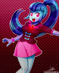 Size: 1060x1320 | Tagged: safe, artist:the-butch-x, imported from derpibooru, sonata dusk, equestria girls, rainbow rocks, birthday gift, breasts, clothes, cute, female, gem, legs, looking at you, miniskirt, open mouth, ponytail, signature, siren gem, skirt, smiling, solo, sonatabetes, spiked wristband, wristband