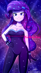 Size: 720x1290 | Tagged: safe, artist:the-butch-x, imported from derpibooru, rarity, equestria girls, equestria girls series, the other side, adorasexy, beautiful, beautisexy, bodysuit, breasts, busty rarity, cleavage, clothes, cute, dress, female, gloves, hand on hip, looking at you, raribetes, sexy, signature, smiling, solo, stupid sexy rarity, that was fast, underass, unitard