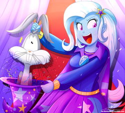 Size: 1060x960 | Tagged: safe, artist:the-butch-x, imported from derpibooru, trixie, equestria girls, bugs bunny, bunny out of the hat, cape, clothes, commission, crossover, cute, diatrixes, hat, jokes in the comments, looney tunes, magic show, magic trick, open mouth, smiling, trixie's cape, trixie's hat