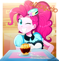 Size: 1020x1060 | Tagged: safe, artist:the-butch-x, imported from derpibooru, pinkie pie, coinky-dink world, eqg summertime shorts, equestria girls, affogato, apron, carhop, clothes, coffee, cup, cute, dessert, diapinkes, espresso, female, food, grin, ice cream, italian, looking at you, one eye closed, server pinkie pie, signature, smiling, solo, spoon, translated in the description, tray, waitress, wink