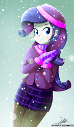 Size: 1020x1760 | Tagged: safe, artist:the-butch-x, imported from derpibooru, rarity, equestria girls, bundled up for winter, clothes, coat, cute, ear piercing, earring, female, gloves, hat, jewelry, looking at you, miniskirt, pantyhose, piercing, plaid skirt, raribetes, scarf, signature, skirt, smiling, snow, solo, winter outfit