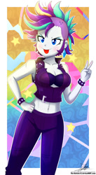 Size: 1020x1860 | Tagged: safe, artist:the-butch-x, imported from derpibooru, rarity, equestria girls, it isn't the mane thing about you, season 7, alternate hairstyle, belly button, breasts, busty rarity, cleavage, clothes, female, hand on hip, midriff, open mouth, pants, peace sign, punk, raripunk, signature, solo, tongue out