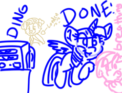 Size: 1333x1013 | Tagged: safe, artist:rainbow eevee, imported from derpibooru, twilight sparkle, oc, oc:dcbud, oc:landen irelan, alicorn, dog, pony, 1000 hours in ms paint, floppy ears, lineart, marmot, microwave, table, twilight sparkle (alicorn), wat, why